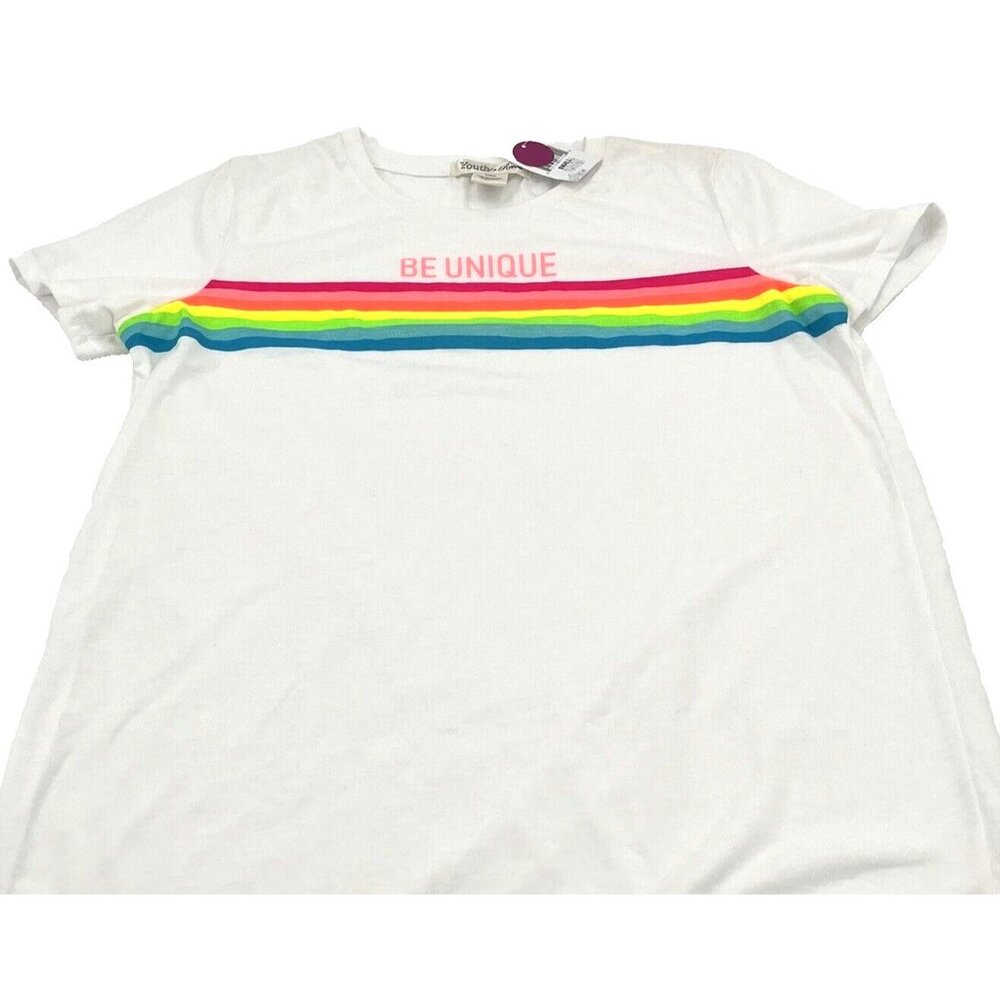 NEW Youth in Revolt T-Shirt Women's Size Small White "Be Unique" Rainbow
